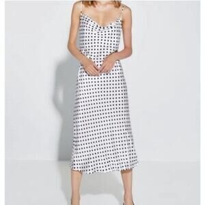 Zara Satin Polka Dot Sleeveless Cowl Neck Cami Slip Midi Dress White/Black XS